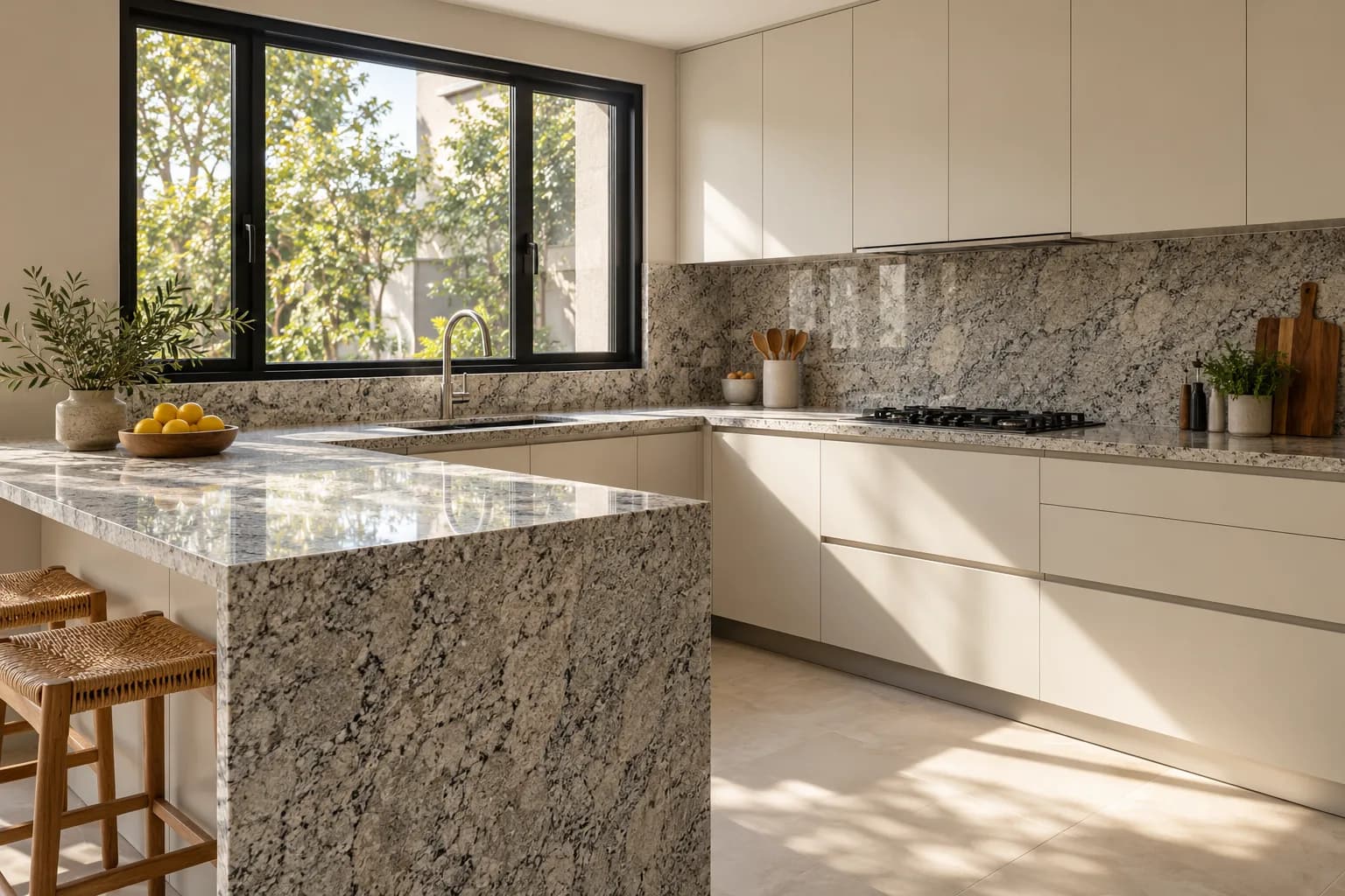 Cocina luminosa con mesada de granito claro